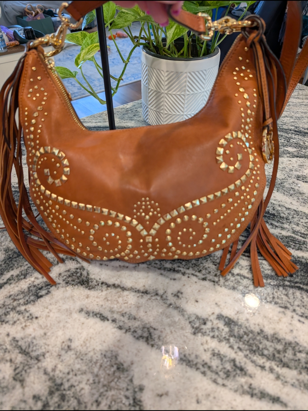 Michael Kors Rhea Tan Gold Studded Hobo Bag With Fringe - Picture 9 of 9
